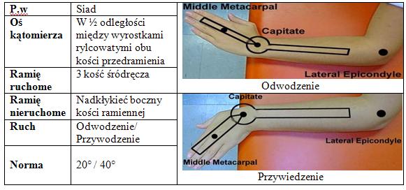 Odwiedzenie i przywiedzenie nadgarstka - pomiar goniometrem